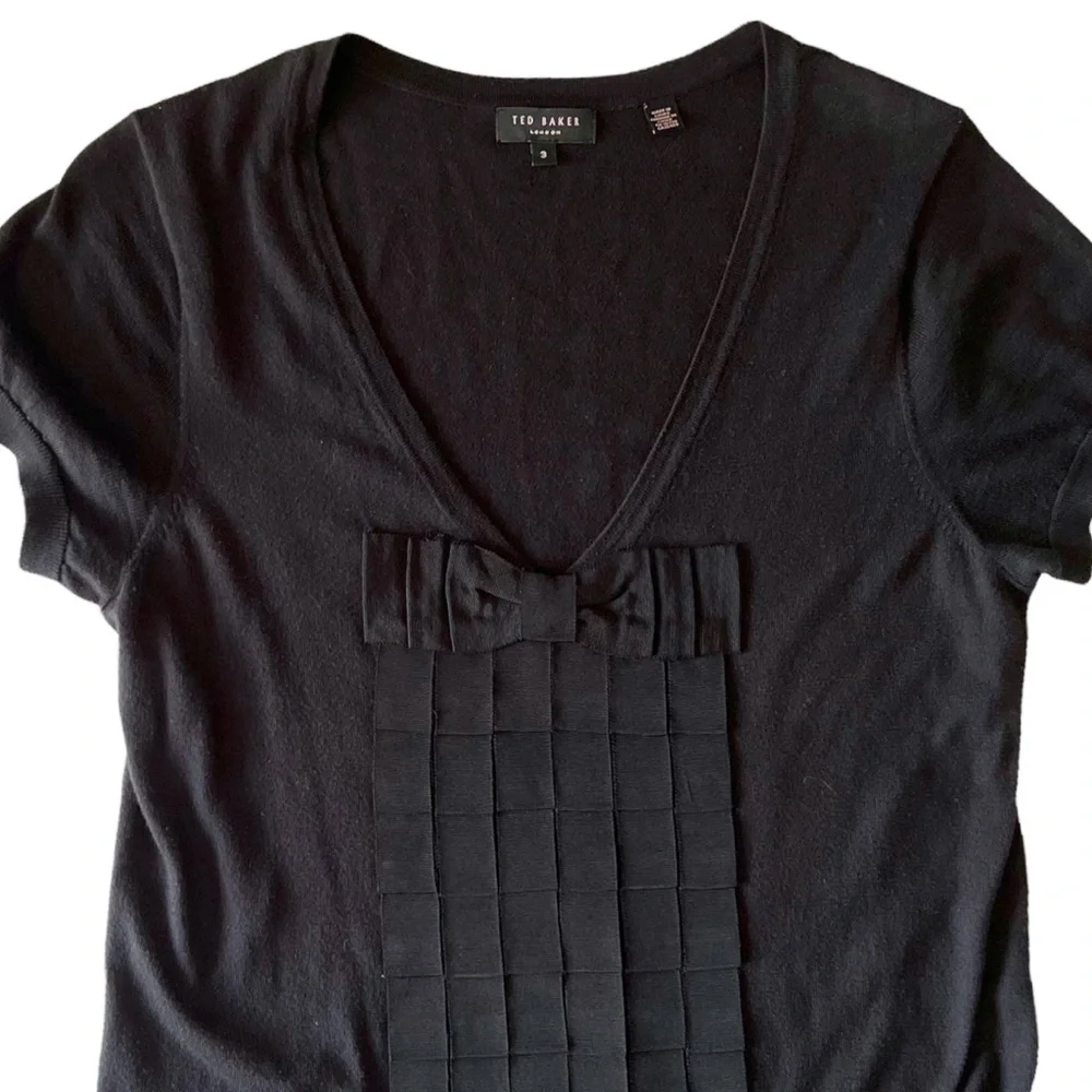 Ted Baker Black Cotton Knit V Neck Ribbon Dress | 3 (M) - Picture 6 of 10